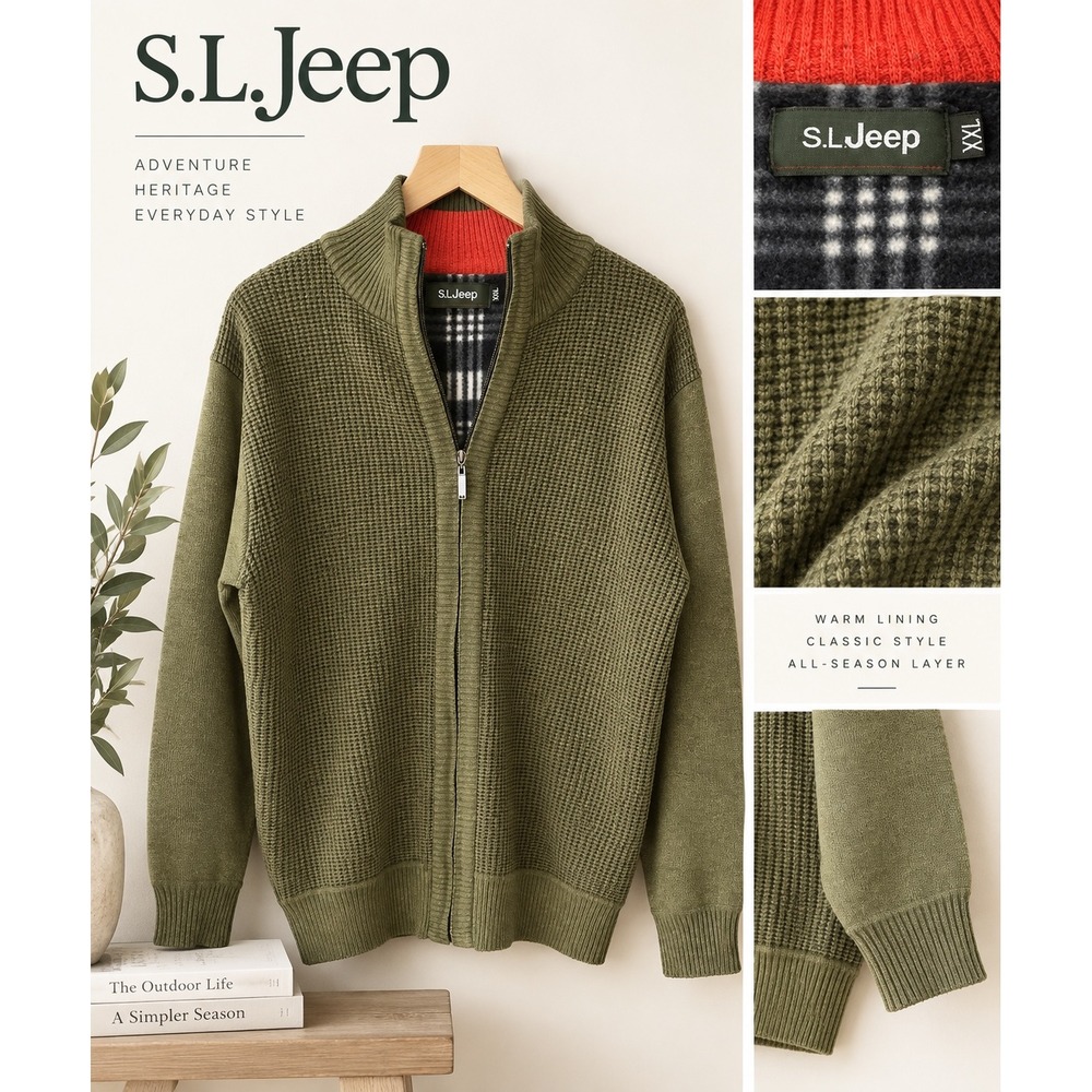 S.L. Jeep Mens Full Zip Waffle Knit Fleece Lined Cardigan Sweater Olive XXL
